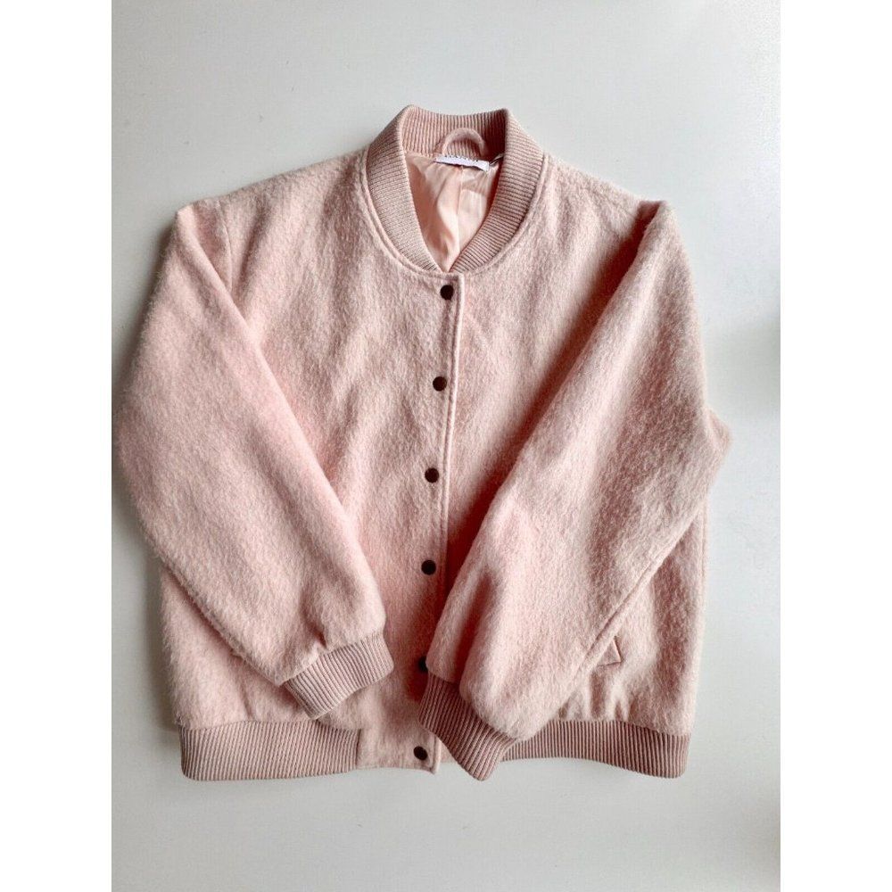 GANNI Inglewood Rose Smoke Pink Furry Wool Blend Varsity Bomber Jacket, Size L - Picture 7 of 15